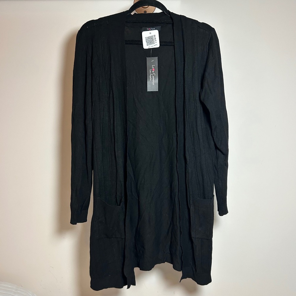 Love Ryan Los Angeles Womens Black Open Front Cardigan Pocket Sweater 1X LA-8886